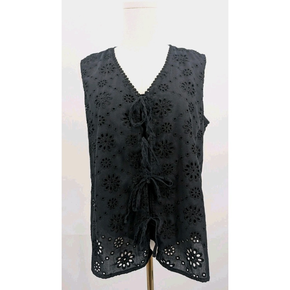 Black Eyelet Tie Vest Top Size L Dark Boho Cottage Dark Cowgirl Prarie Western